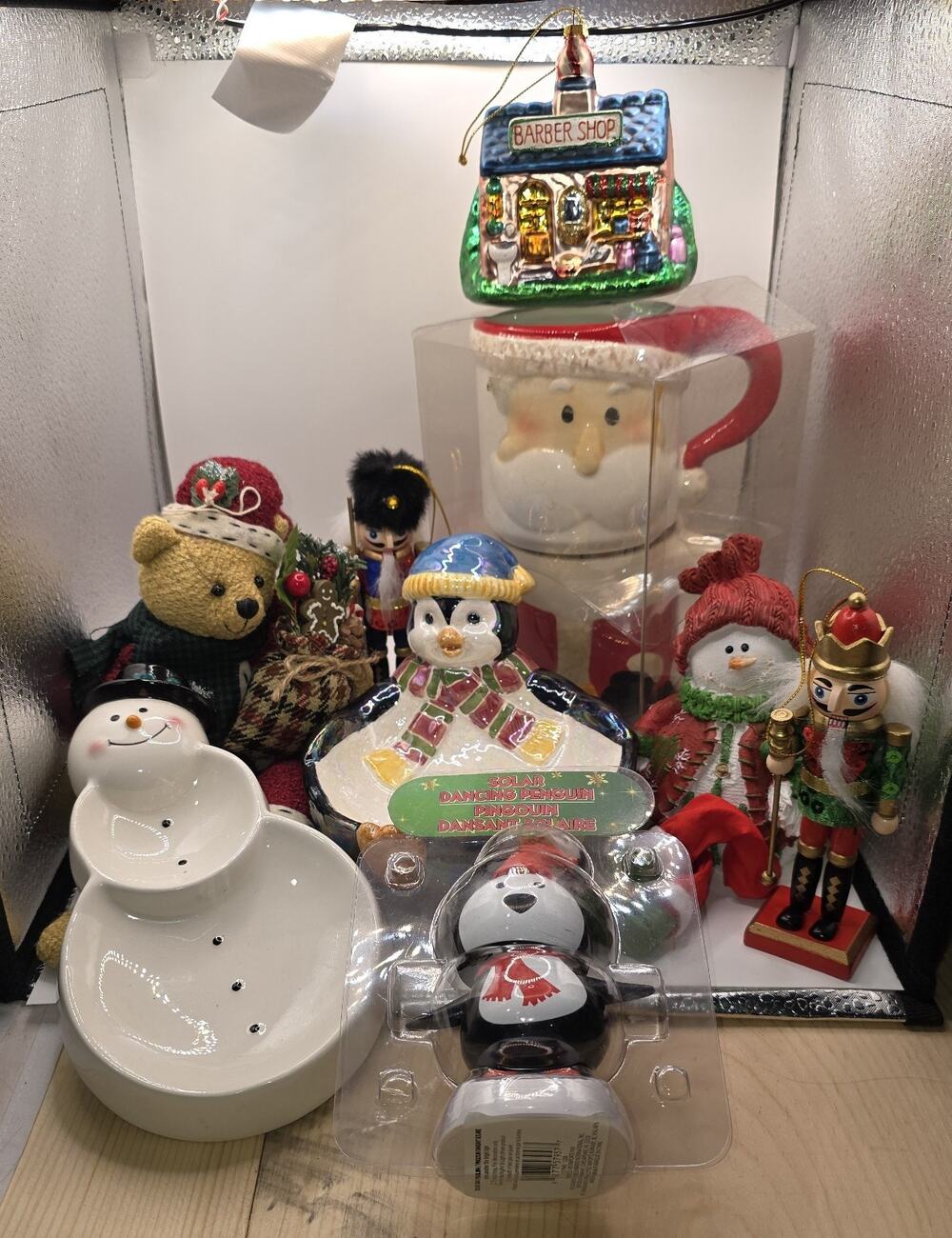 Large Christmas Decor Lot Santa Snowman Penguin Nutcracker Ornaments Mug Holiday